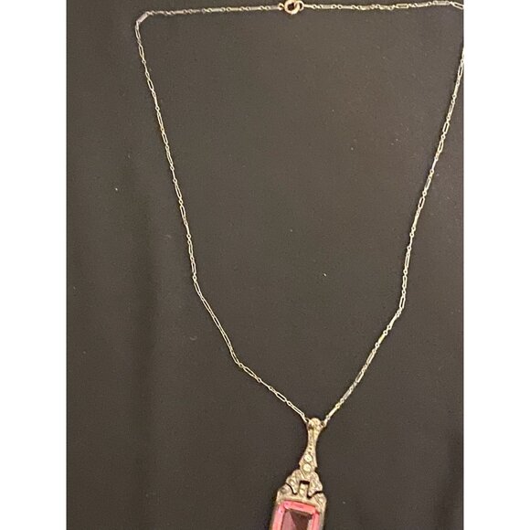 Vintage Art Deco Pink Paste & Rhinestone Pendant Necklace | 1920s Emerald Cut St - Picture 4 of 6